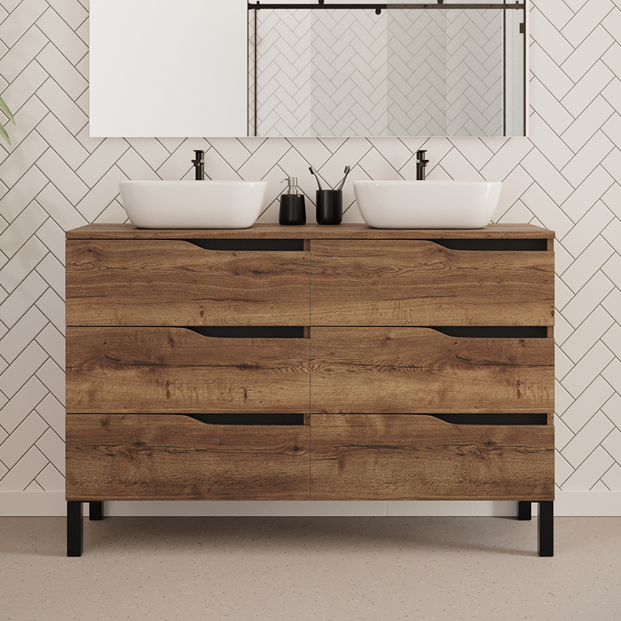 Meuble de salle de bain 140cm avec plateau et 2 vasques à poser zeus - 6 tiroirs - MATA