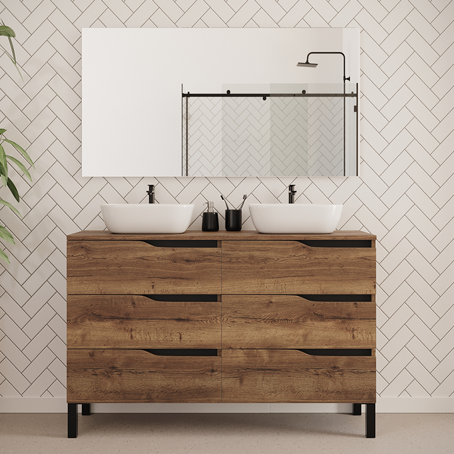 Meuble de salle de bain 140cm avec plateau et 2 vasques à poser zeus - 6 tiroirs - MATA