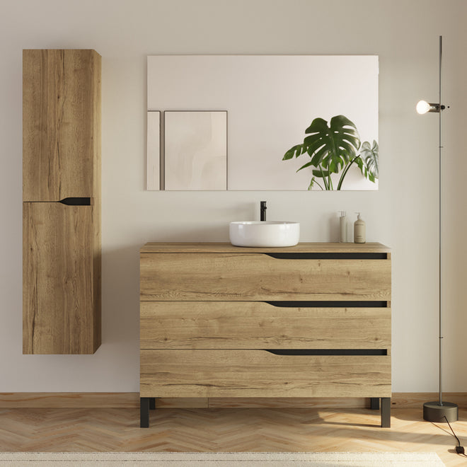 Meuble de salle de bain 3 tiroirs MATA avec plateau et vasque ronde + colonne - 120cm