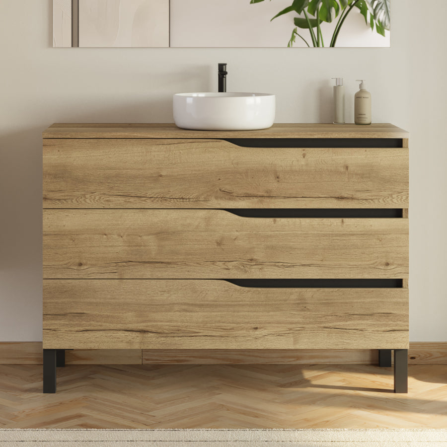 Meuble de salle de bain 120 avec plateau et vasque à poser - 3 tiroirs - MATA