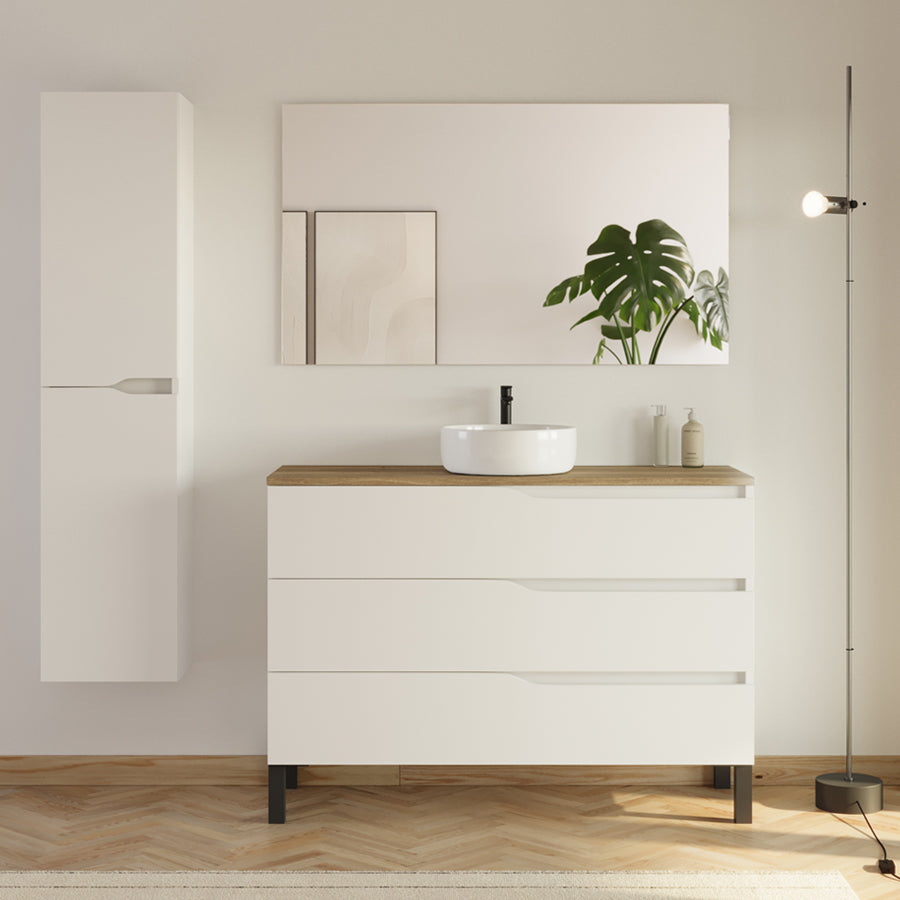 Meuble de salle de bain 3 tiroirs MATA avec plateau et vasque ronde + colonne - 120cm