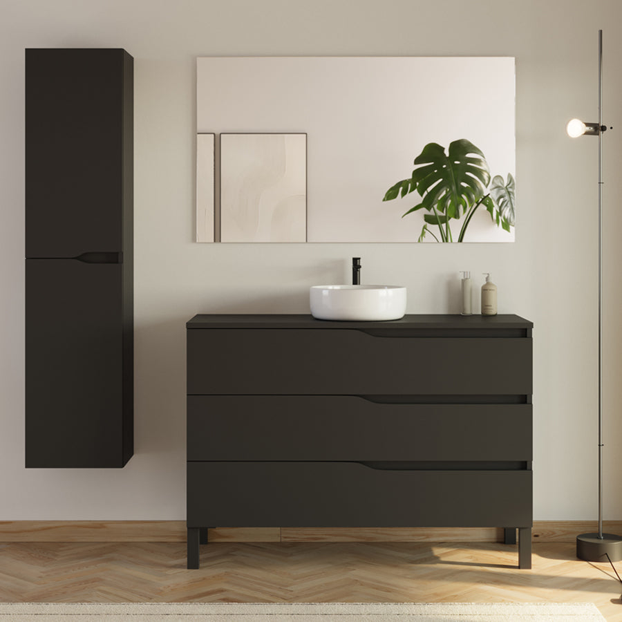 Meuble de salle de bain 3 tiroirs MATA avec plateau et vasque ronde + colonne - 120cm