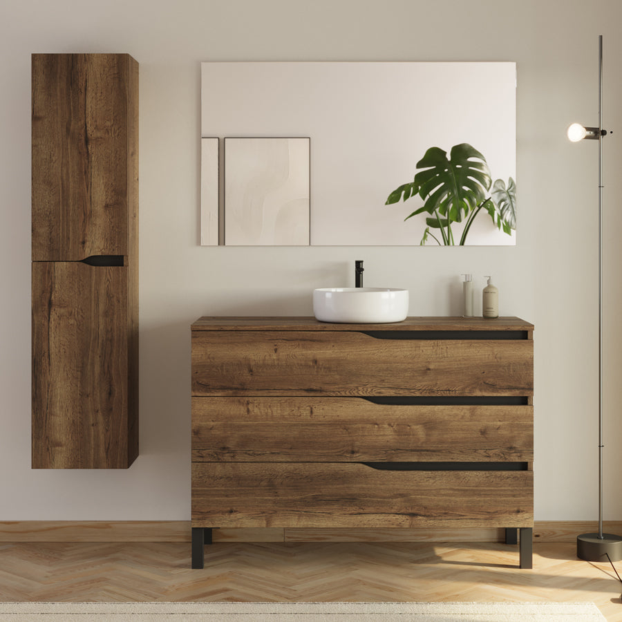 Meuble de salle de bain 3 tiroirs MATA avec plateau et vasque ronde + colonne - 120cm