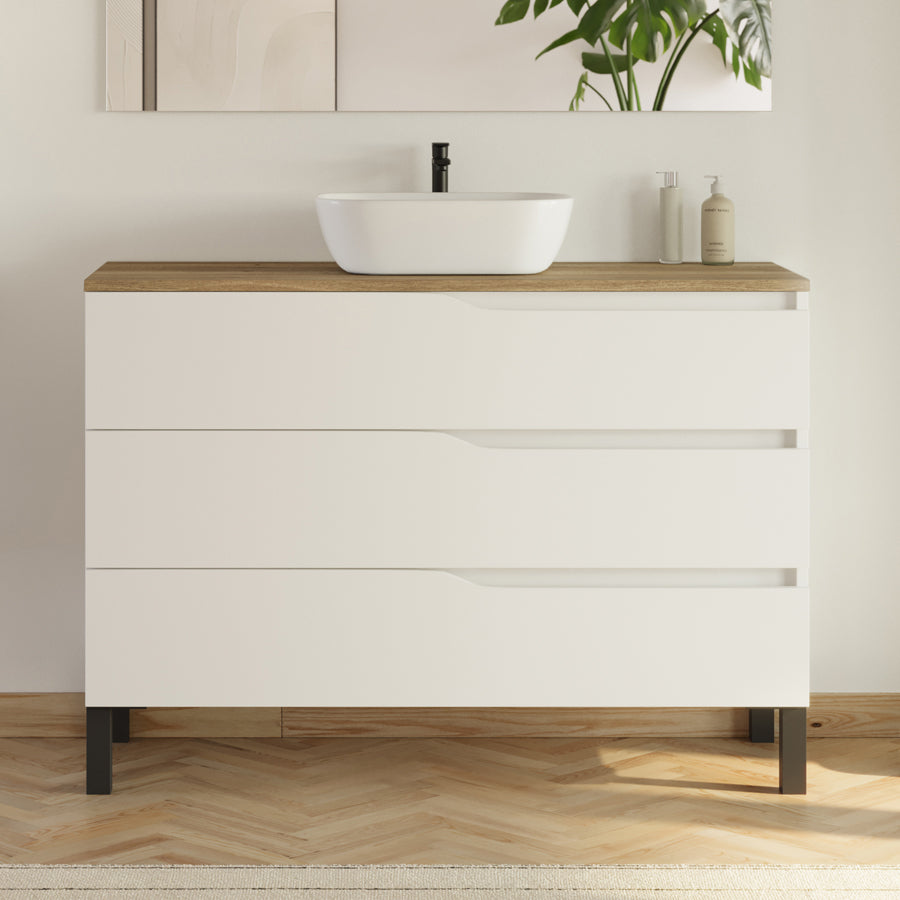 Meuble de salle de bain 3 tiroirs MATA avec plateau et vasque ovale + colonne - 120cm