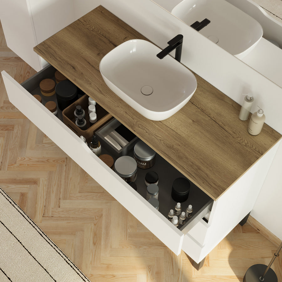 Meuble de salle de bain 3 tiroirs MATA avec plateau et vasque ovale + colonne - 120cm