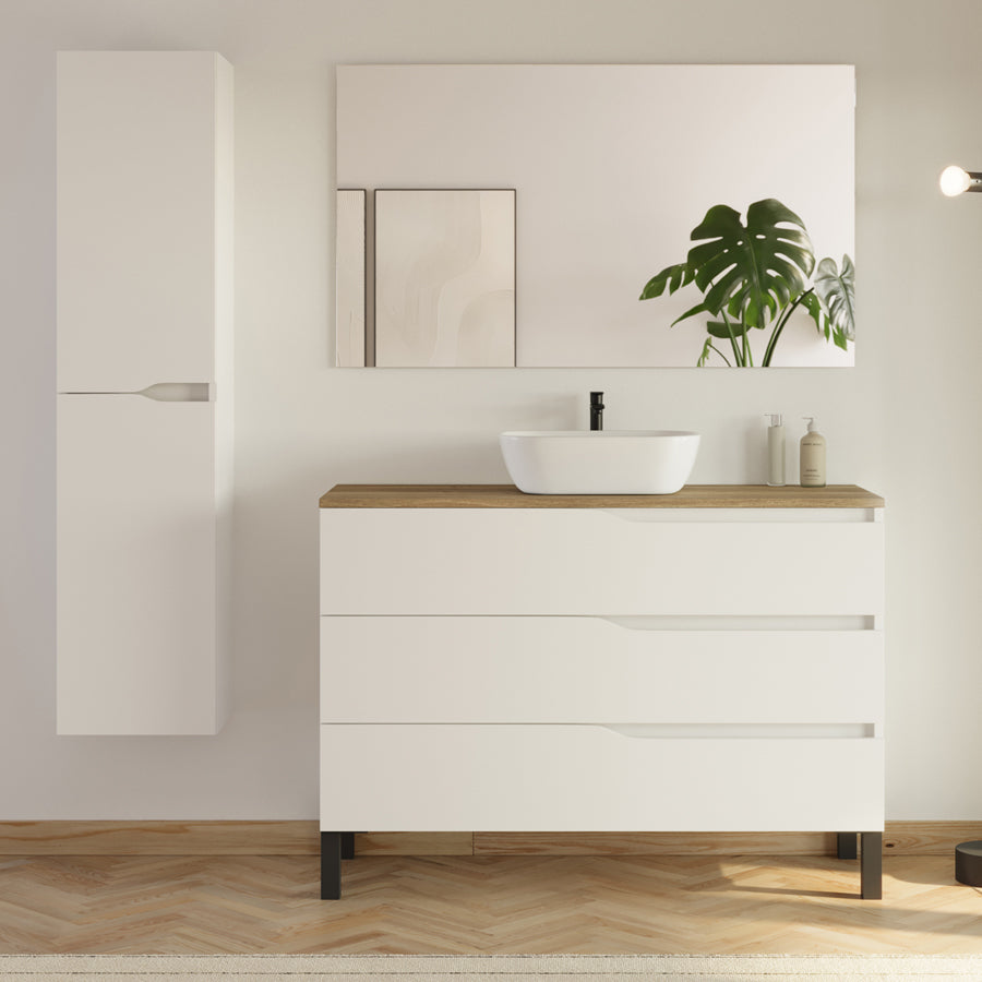 Meuble de salle de bain 3 tiroirs MATA avec plateau et vasque ovale + colonne - 120cm