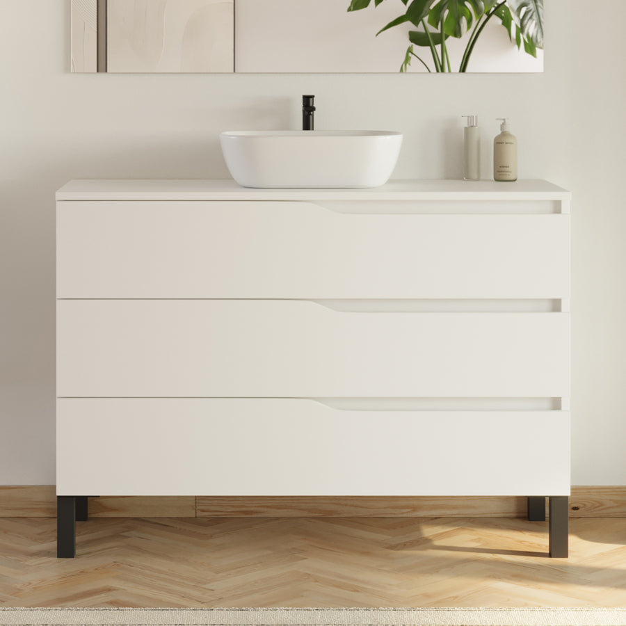 Meuble de salle de bain 3 tiroirs MATA avec plateau et vasque ovale + colonne - 120cm