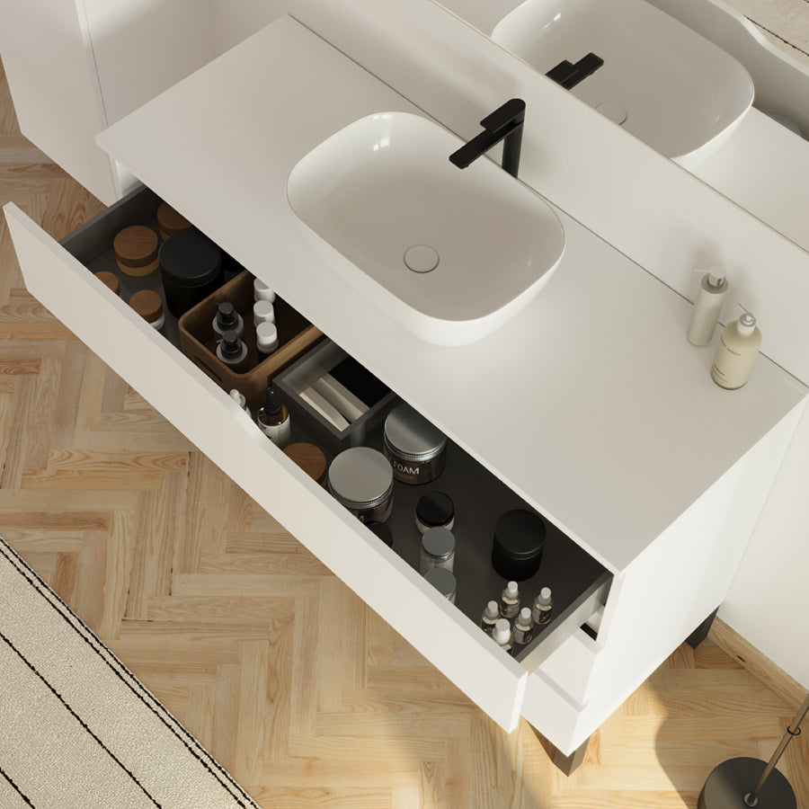 Meuble de salle de bain 3 tiroirs MATA avec plateau et vasque ovale + colonne - 120cm