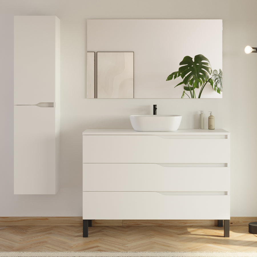 Meuble de salle de bain 3 tiroirs MATA avec plateau et vasque ovale + colonne - 120cm