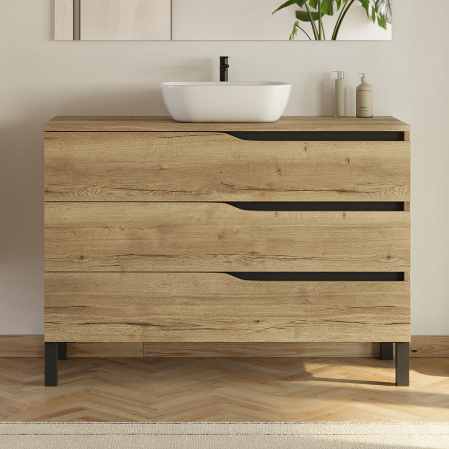 Meuble de salle de bain 3 tiroirs MATA avec plateau et vasque ovale + colonne - 120cm