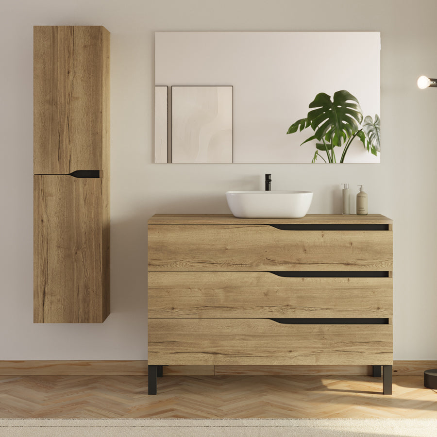 Meuble de salle de bain 3 tiroirs MATA avec plateau et vasque ovale + colonne - 120cm