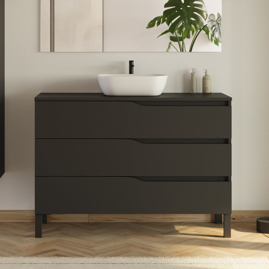 Meuble de salle de bain 3 tiroirs MATA avec plateau et vasque ovale + colonne - 120cm