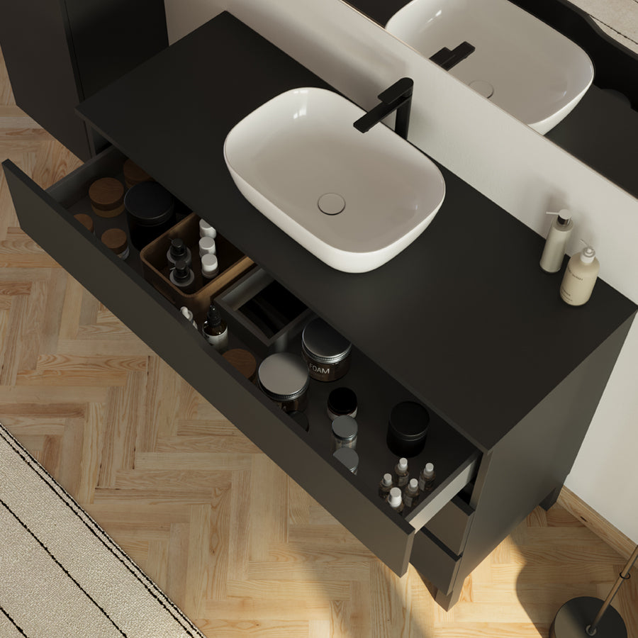 Meuble de salle de bain 3 tiroirs MATA avec plateau et vasque ovale + colonne - 120cm