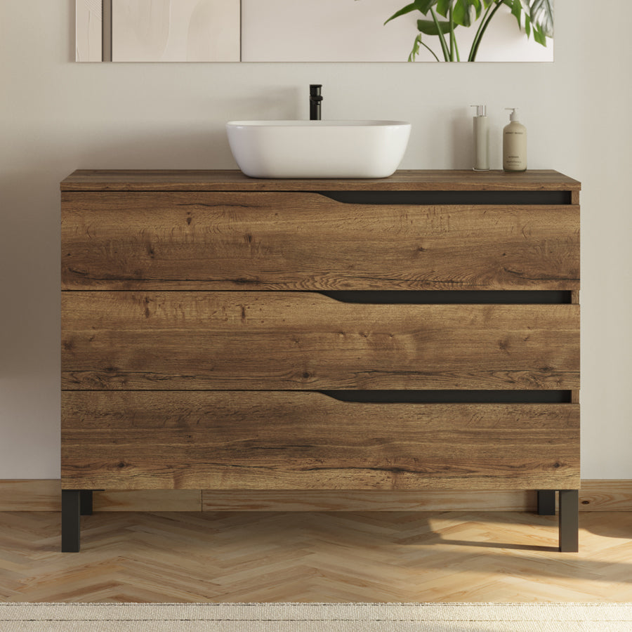 Meuble de salle de bain 3 tiroirs MATA avec plateau et vasque ovale + colonne - 120cm