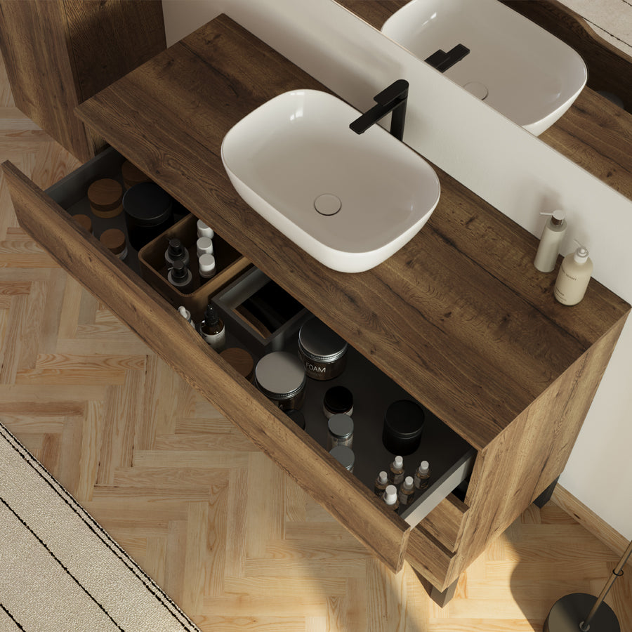 Meuble de salle de bain 3 tiroirs MATA avec plateau et vasque ovale + colonne - 120cm