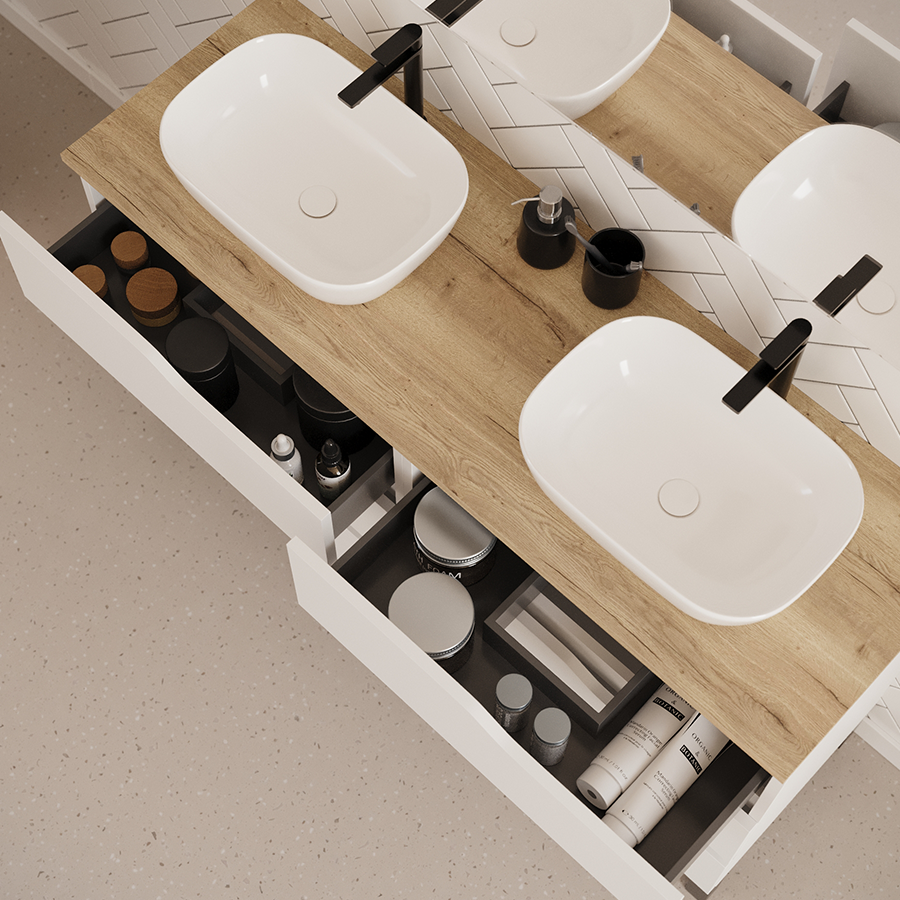 Meuble de salle de bain 140cm avec plateau et 2 vasques à poser zeus - 6 tiroirs - MATA