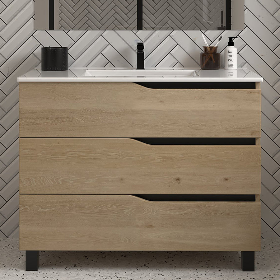 Meuble sous vasque seul, 3 tiroirs, 100cm, pour simple vasque - MATA