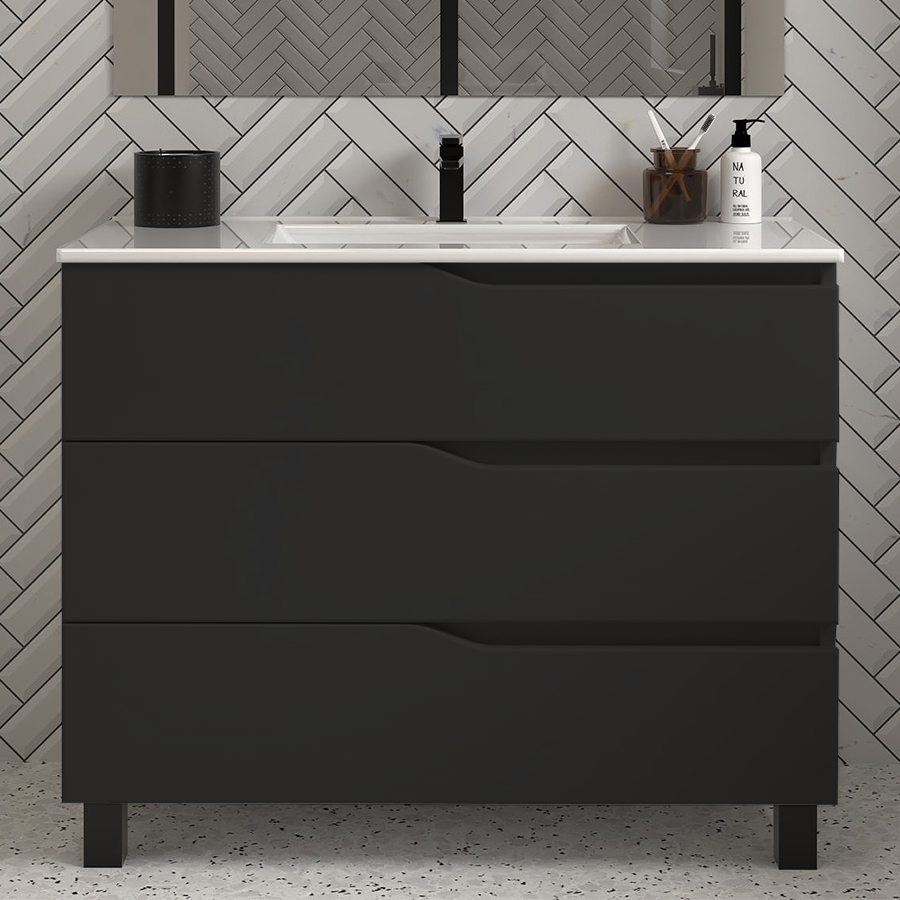 Meuble sous vasque seul, 3 tiroirs, 90cm, pour simple vasque - MATA