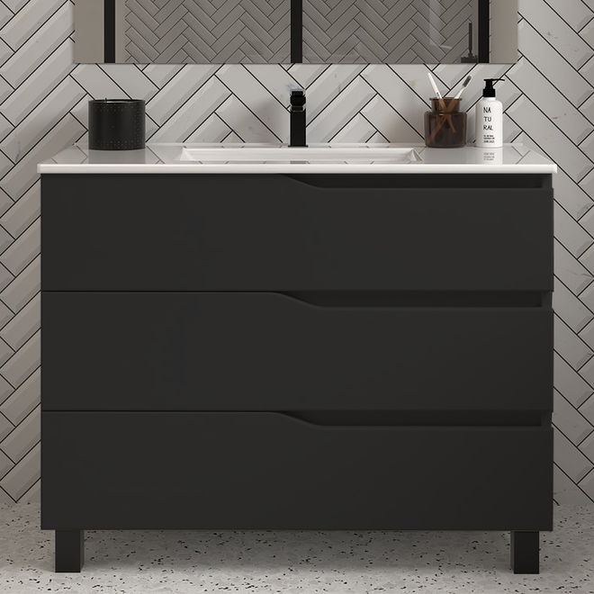 Meuble de salle de bain mata 3 tiroirs noir 100cm sans miroir