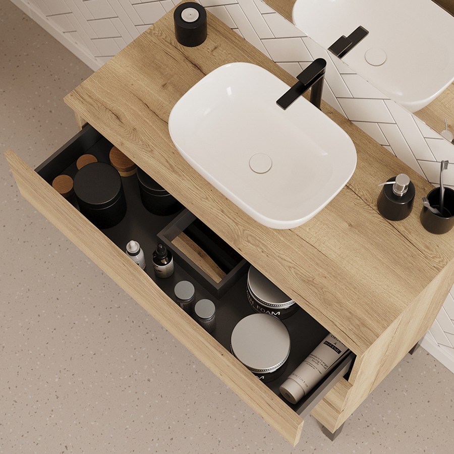 Meuble de salle de bain 90cm avec plateau et vasque à poser zeus - 3 tiroirs - MATA