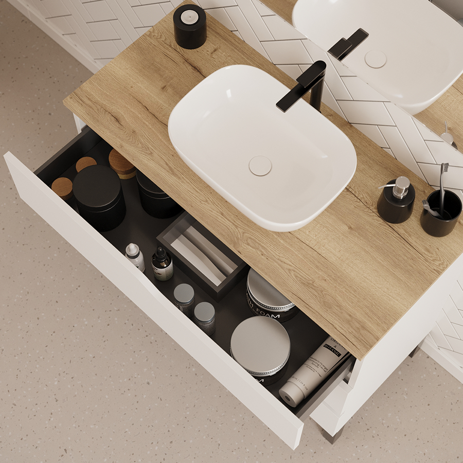 Meuble de salle de bain 90cm avec plateau et vasque à poser zeus - 3 tiroirs - MATA