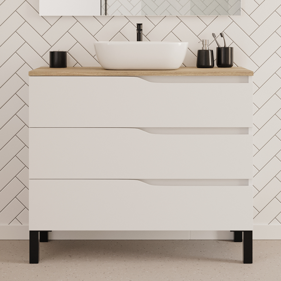 Meuble de salle de bain 100cm avec plateau et vasque à poser zeus - sans miroir - 3 tiroirs - MATA