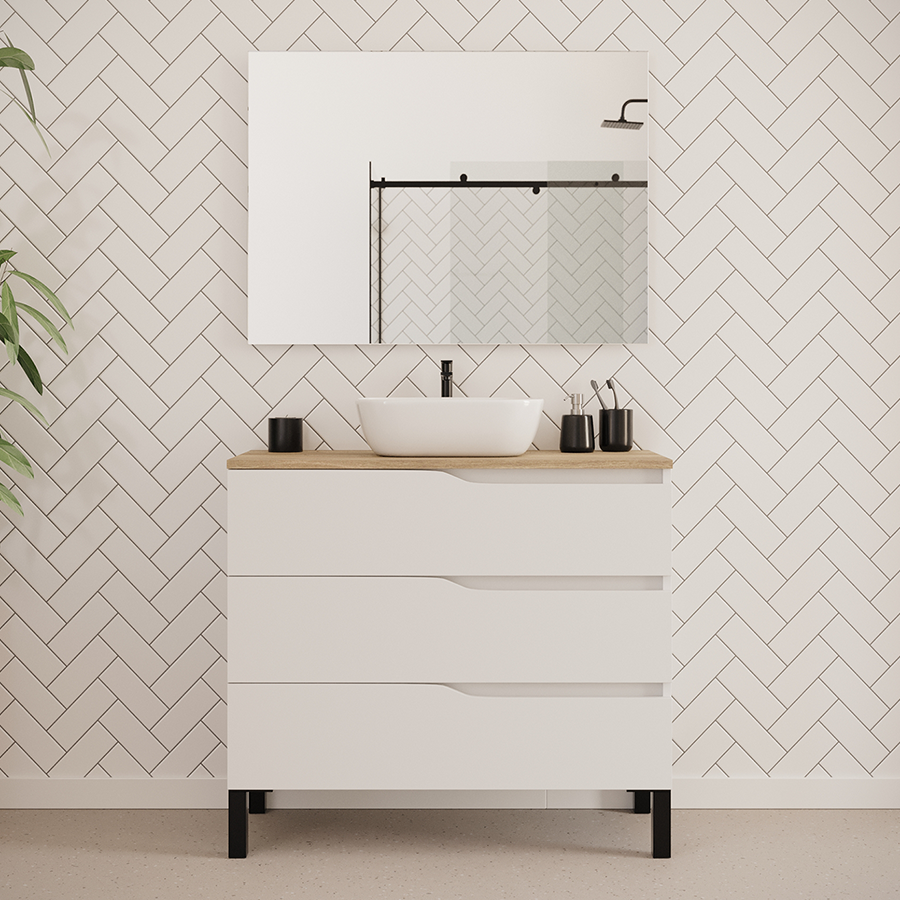 Meuble de salle de bain MATA 100 cm avec vasque zeus  blanc plateau miel