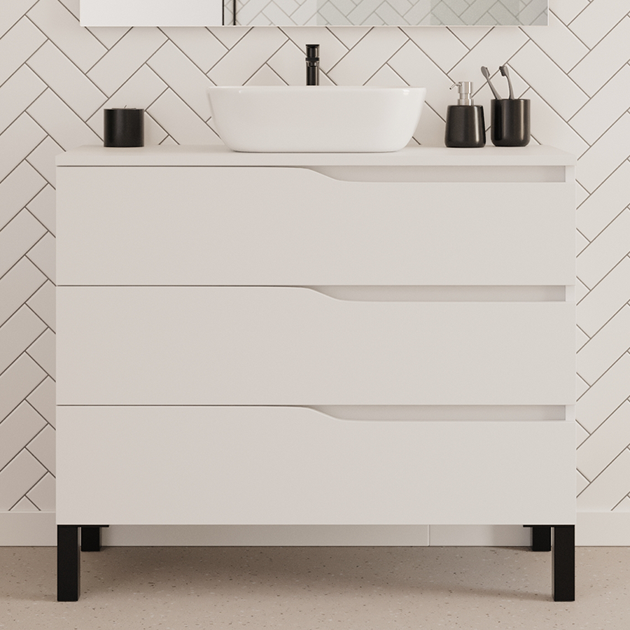 Meuble de salle de bain 100cm avec plateau et vasque à poser zeus - sans miroir - 3 tiroirs - MATA