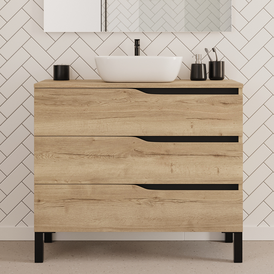 Meuble de salle de bain 100cm avec plateau et vasque à poser zeus - sans miroir - 3 tiroirs - MATA