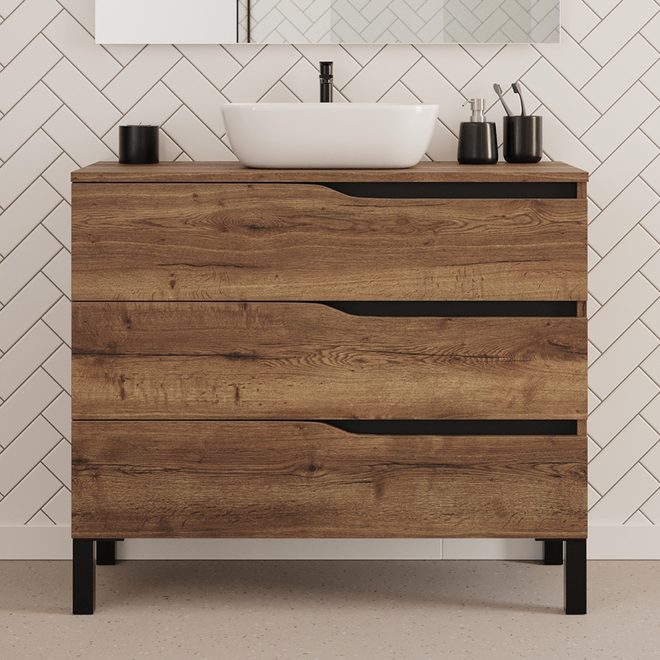 Meuble de salle de bain 100cm avec plateau et vasque à poser zeus - sans miroir - 3 tiroirs - MATA
