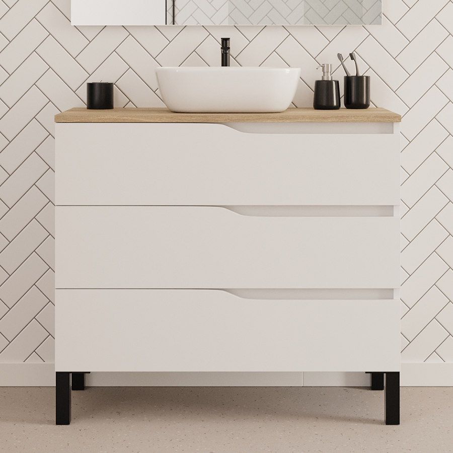 Meuble de salle de bain 90cm avec plateau et vasque à poser zeus - 3 tiroirs - MATA