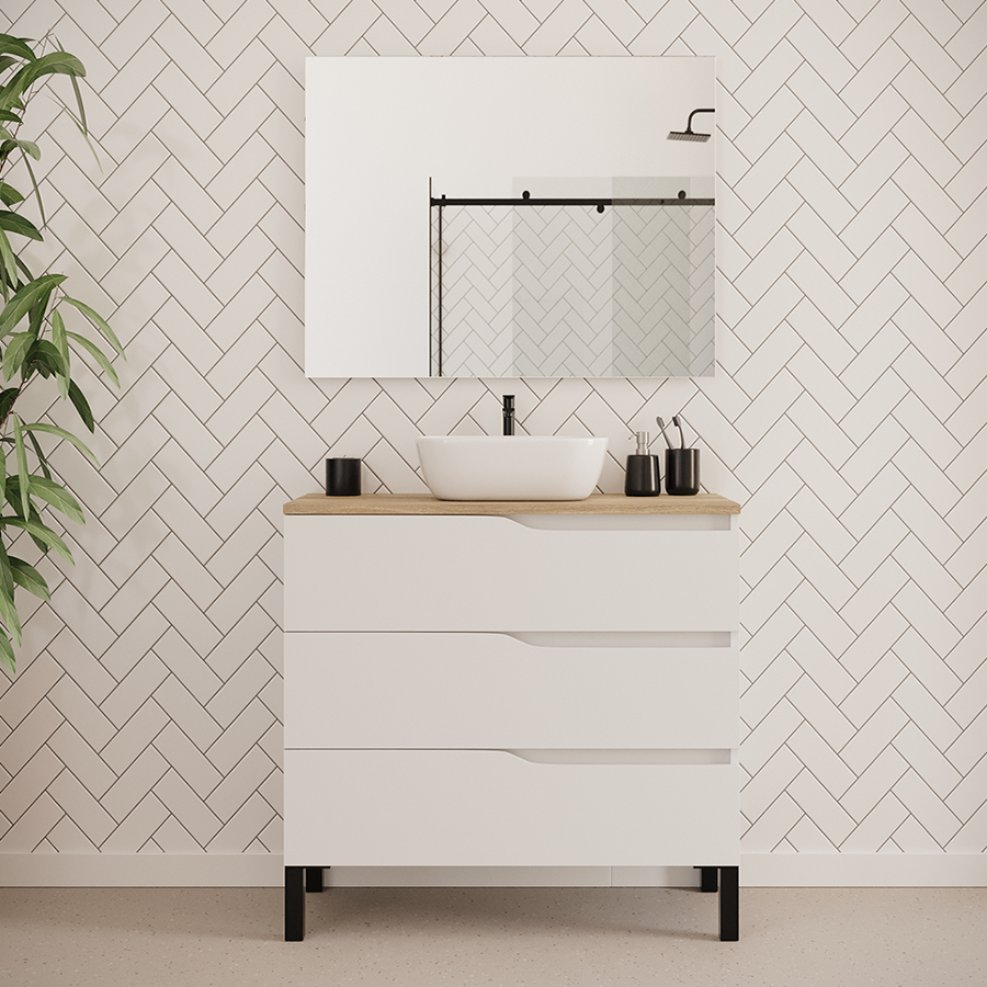 Meuble de salle de bain 90cm avec plateau et vasque à poser zeus - 3 tiroirs - MATA