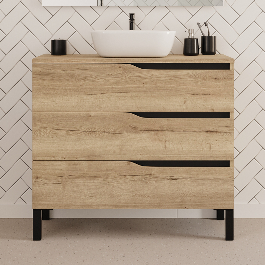 Meuble de salle de bain 90cm avec plateau et vasque à poser zeus - 3 tiroirs - MATA