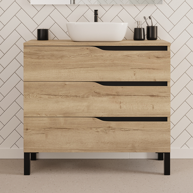 Meuble de salle de bain 90cm avec plateau et vasque à poser zeus - sans miroir - 3 tiroirs - MATA