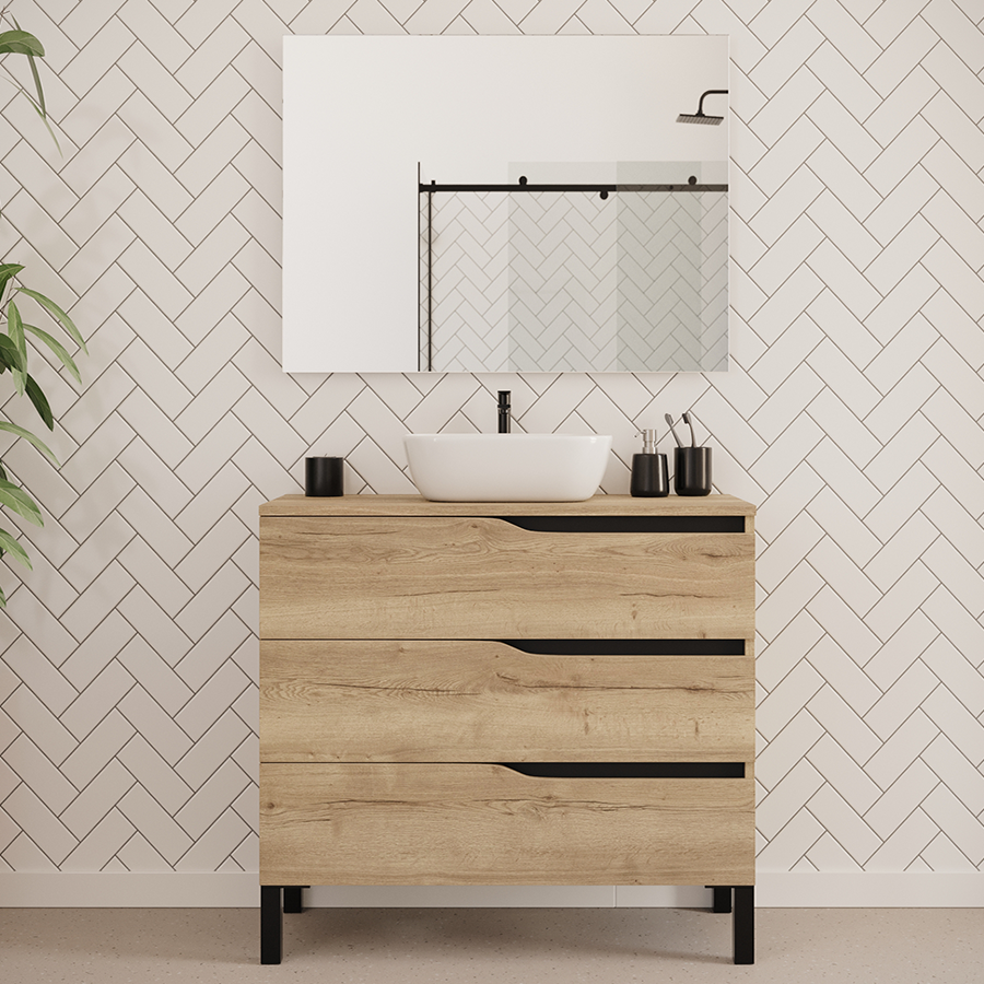 Meuble de salle de bain 90cm avec plateau et vasque à poser zeus - 3 tiroirs - MATA