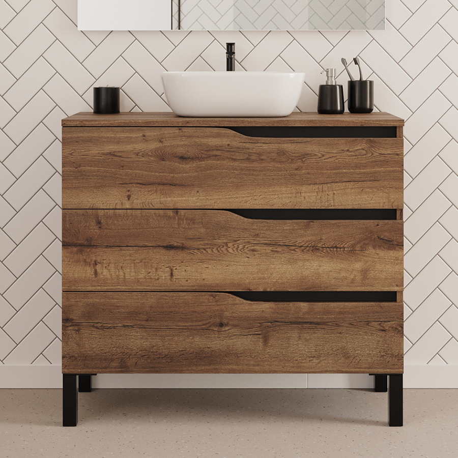 Meuble de salle de bain 90cm avec plateau et vasque à poser zeus - 3 tiroirs - MATA
