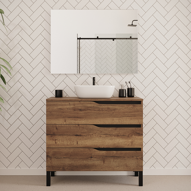 Meuble de salle de bain 90cm avec plateau et vasque à poser zeus - 3 tiroirs - MATA