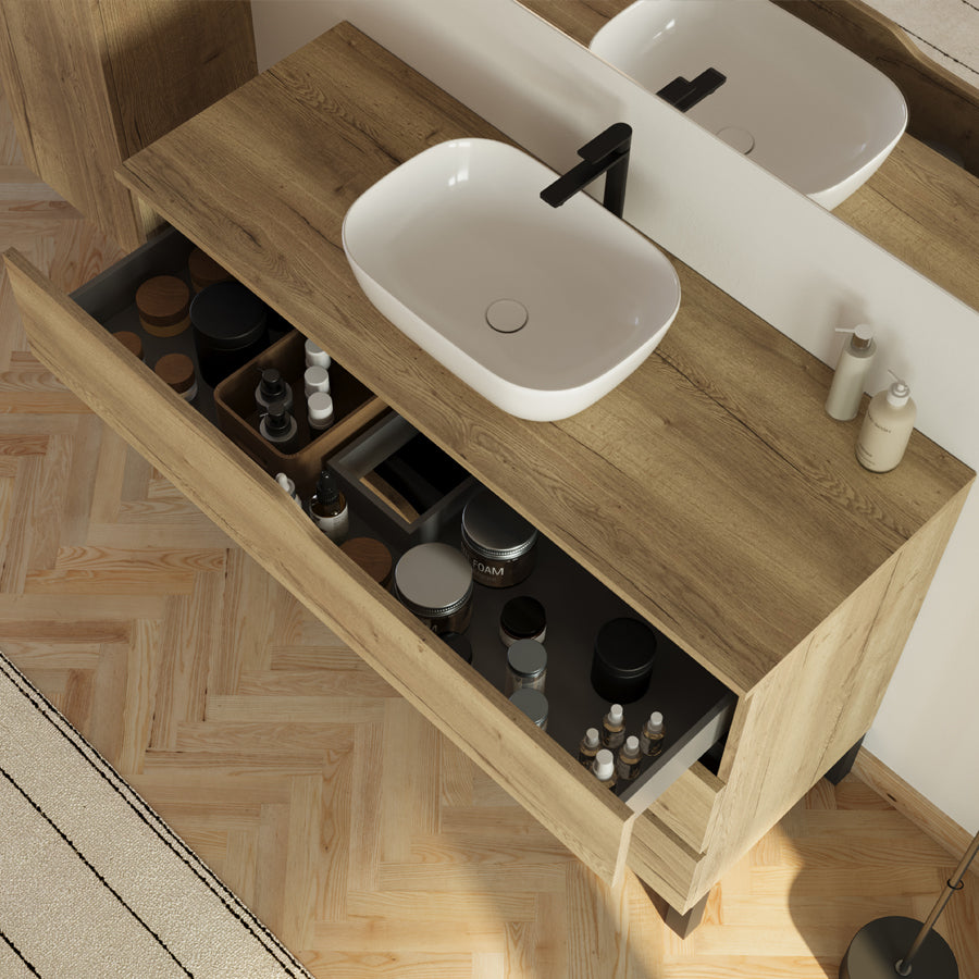 Meuble de salle de bain 3 tiroirs MATA avec plateau et vasque ovale + colonne - 120cm