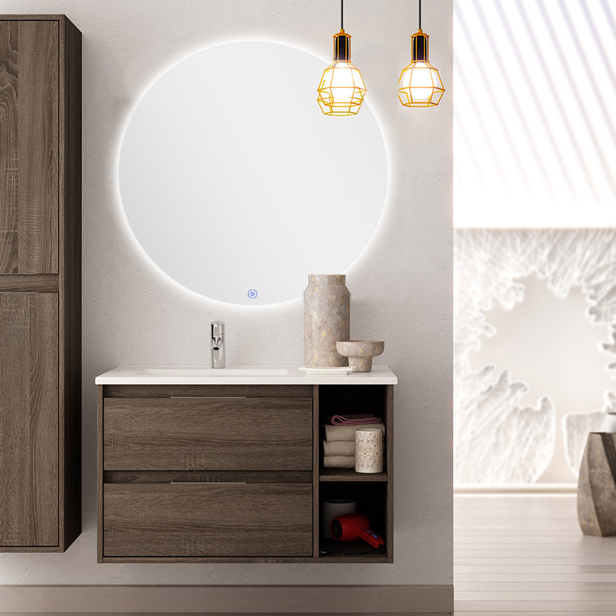 Meuble de salle de bain 80cm vasque déportée - 2 tiroirs - OLYMPE et miroir rond Led SOLEN