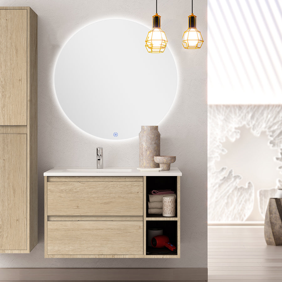 Meuble de salle de bain 80cm vasque déportée - 2 tiroirs - OLYMPE et miroir rond Led SOLEN