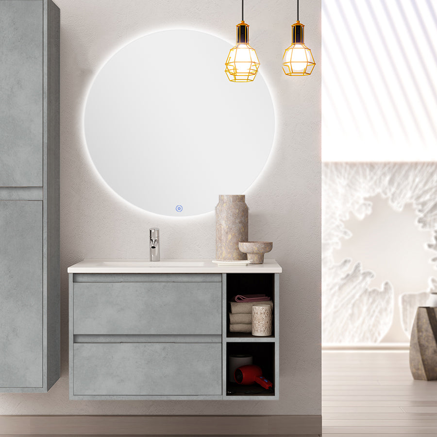 Meuble de salle de bain 80cm vasque déportée - 2 tiroirs - OLYMPE et miroir rond Led SOLEN