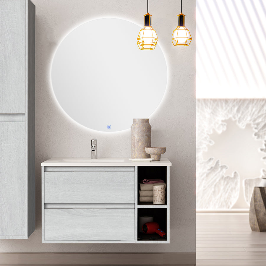 Meuble de salle de bain 80cm vasque déportée - 2 tiroirs - OLYMPE et miroir rond Led SOLEN