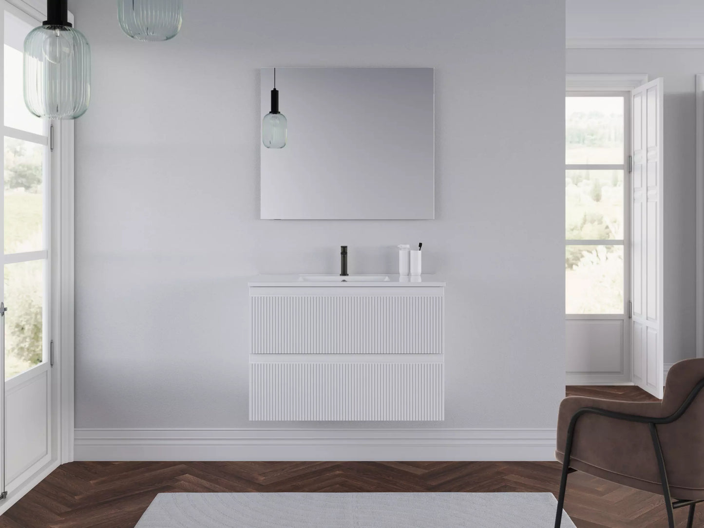 Meuble de salle de bain 70cm avec plan simple vasque - 2 tiroirs - RIBERA