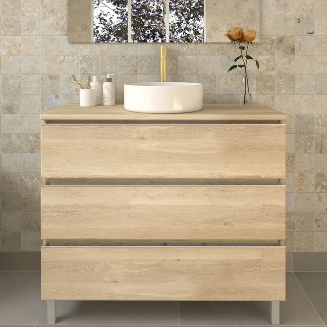 Meuble de salle de bain 80 cm avec vasque à poser ronde - 3 tiroirs - sans miroir - PALMA