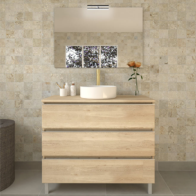 Meuble de salle de bain 80cm avec vasque à poser ronde - 3 tiroirs et miroir avec applique PALMA