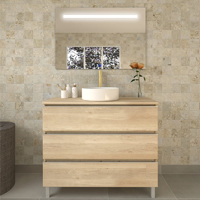 Meuble de salle de bain 100cm avec vasque à poser ronde - 3 tiroirs PALMA et miroir Led STAM