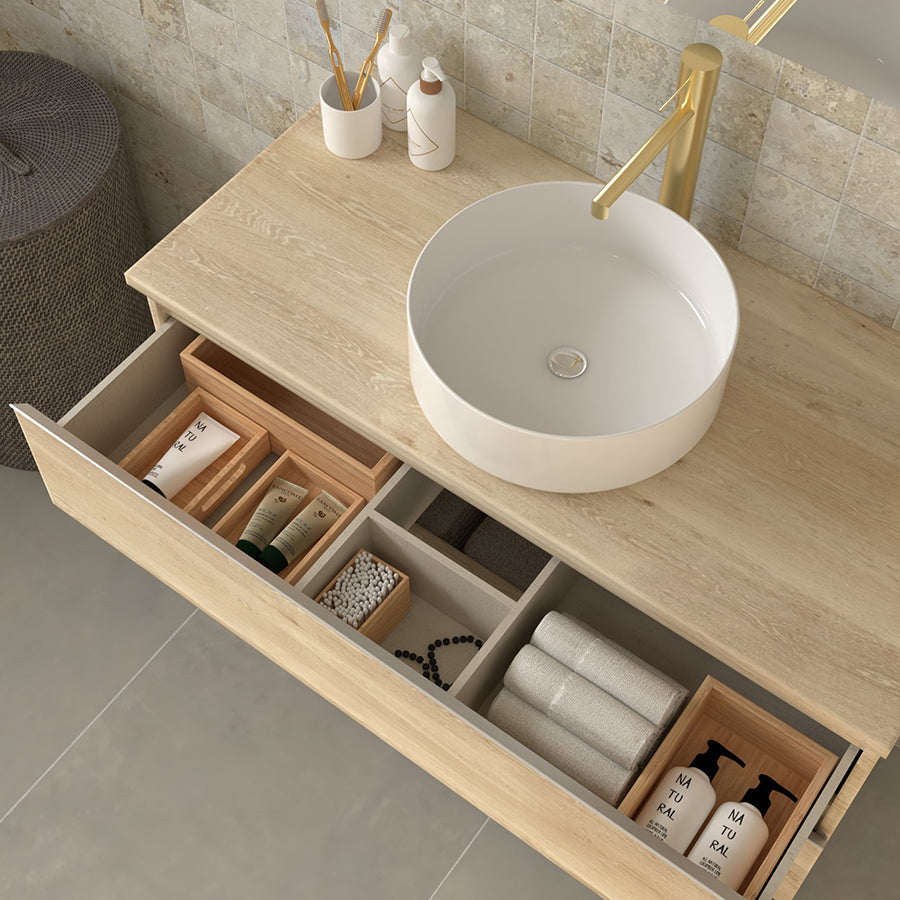 Meuble de salle de bain 100cm avec vasque à poser ronde - 3 tiroirs PALMA et miroir Led STAM