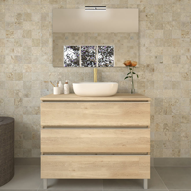 Meuble de salle de bain 80cm avec vasque à poser arrondie - 3 tiroirs et miroir avec applique PALMA