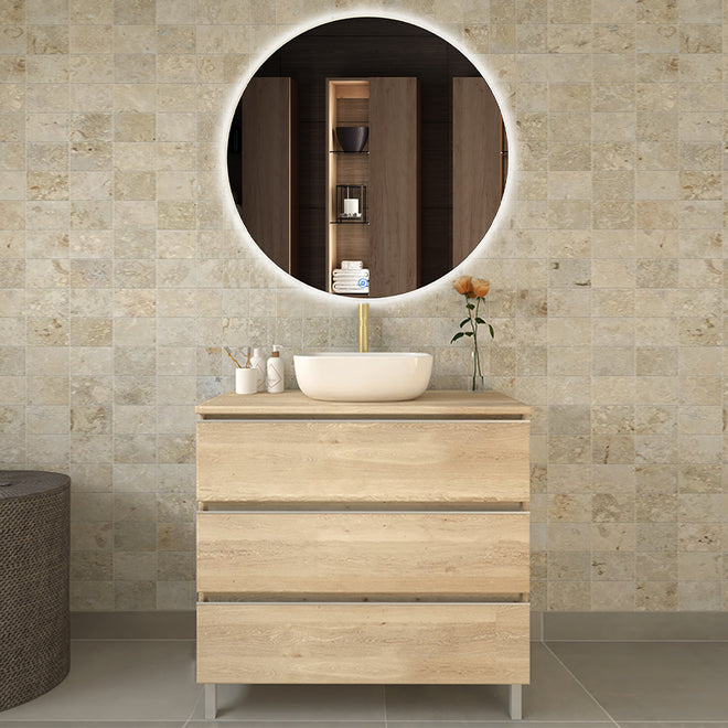 Meuble de salle de bain 80cm avec vasque à poser arrondie - 3 tiroirs - PALMA et miroir Led SOLEN