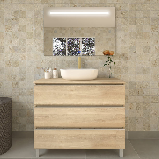 Meuble de salle de bain 80cm avec vasque à poser arrondie - 3 tiroirs - PALMA et miroir Led STAM